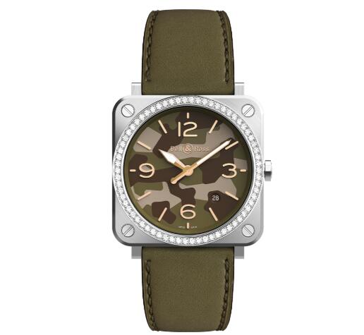 Replica Bell and Ross brs Watch BR S GREEN CAMO DIAMONDS calfskin strap BRS-CK-ST-LGD/SCA